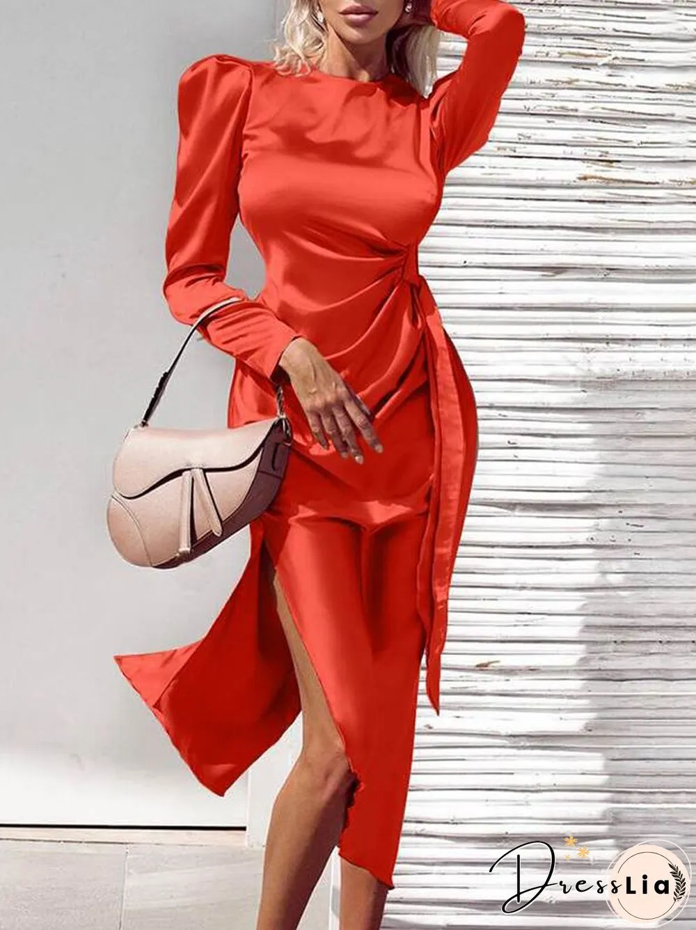 Elegant Bow Lace-up Draped Irregular Dress Office Sexy Slit Solid Long Dresses Women Fashion Long Sleeved Bodycon Dress Vestidos