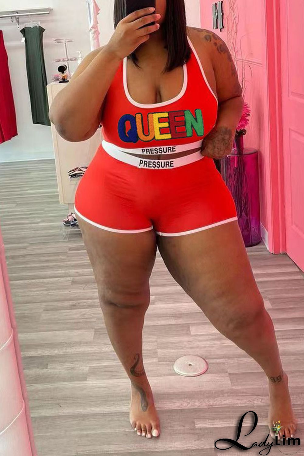 Red Casual Sportswear Solid Embroidered Split Joint U Neck Plus Size Two Pieces