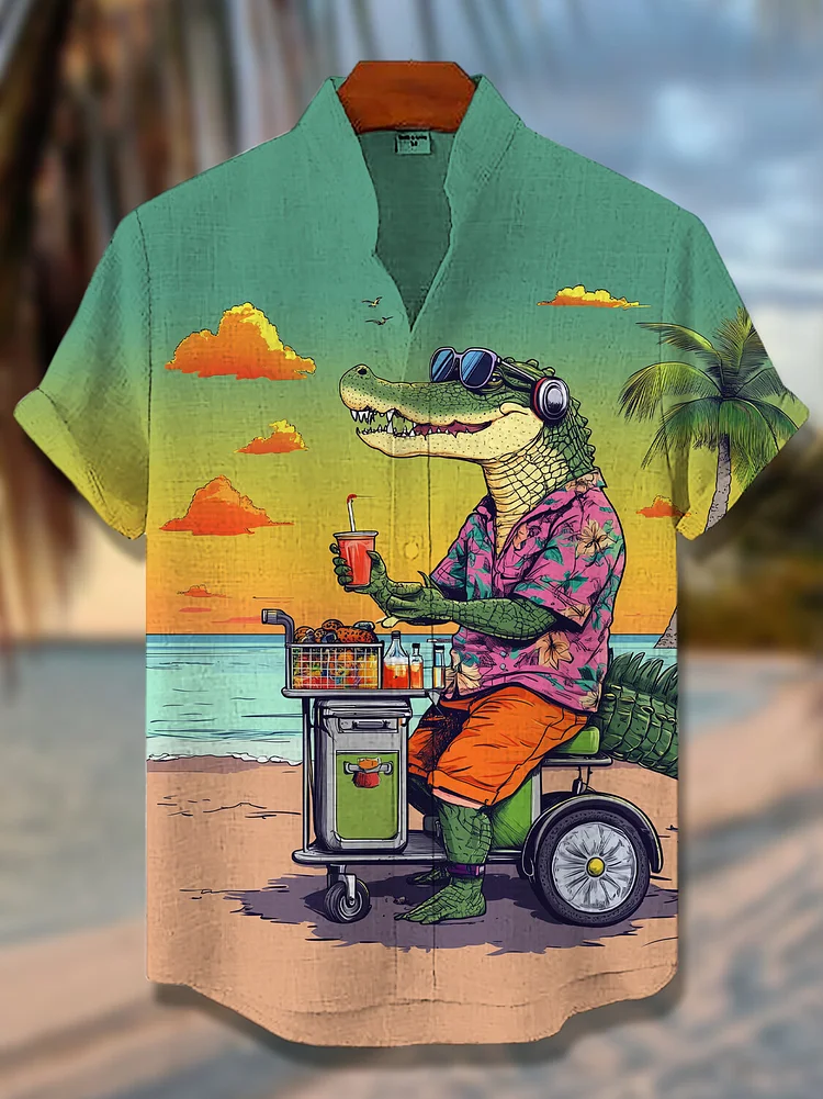 Men's Vacation Crocodile Art Print Short Sleeve Shirt