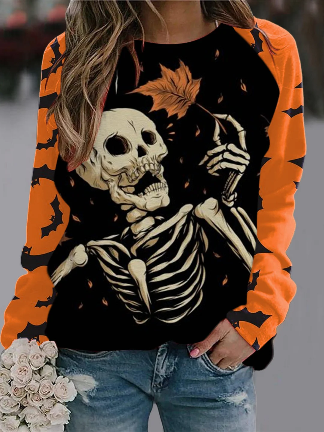 Women's  Halloween Graphic Printed Scoop Neck Long Sleeve Top