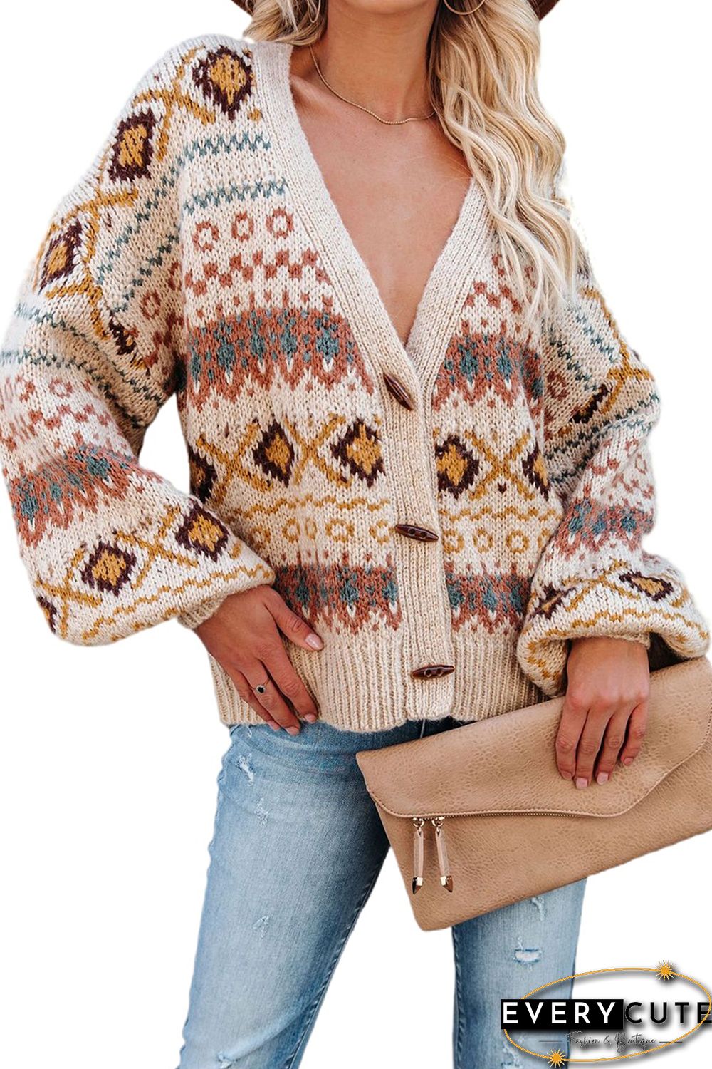 Multicolor Tribal Pattern V Neck Button Front Cardigan