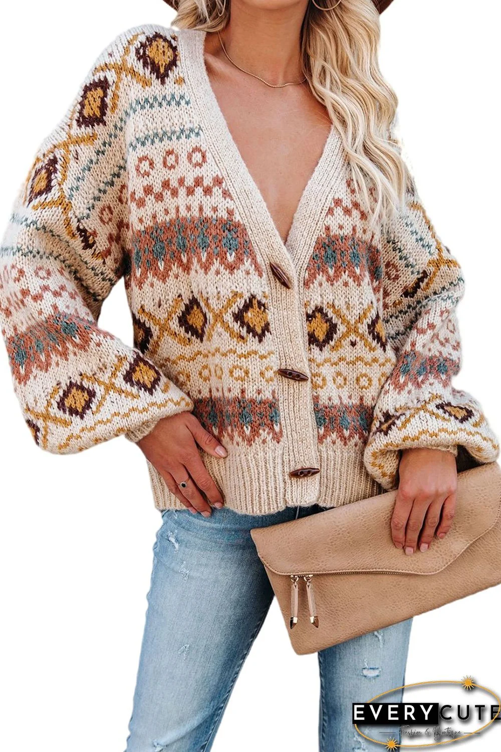 Multicolor Tribal Pattern V Neck Button Front Cardigan