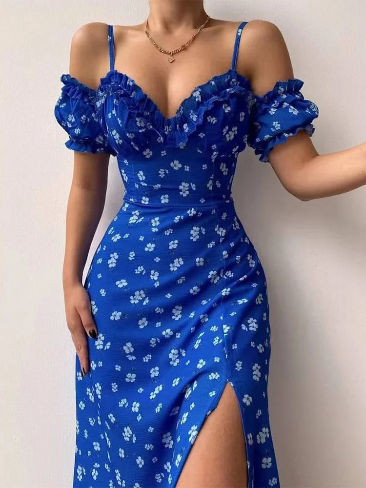 Jacqueline 2022 Puff Sleeve Midi Floral Dress Women Retro Elegant Sexy Split Sundress Casual Ruched Drawstring Dresses Summer