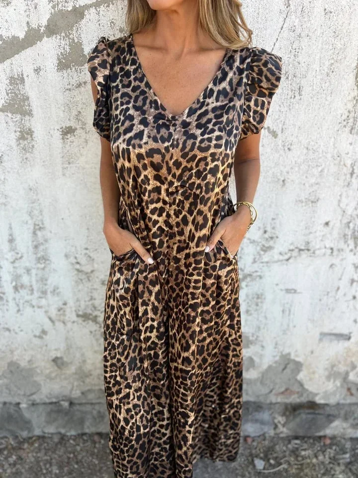 Leopard Print V-Neck Maxi Dress With Front Pockets