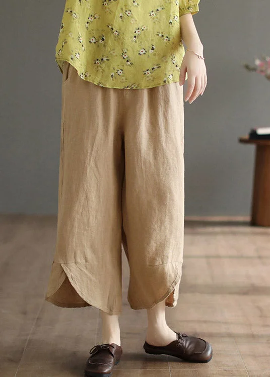 Plus Size Khaki Patchwork Elastic Waist Solid Linen Wide Leg Pants