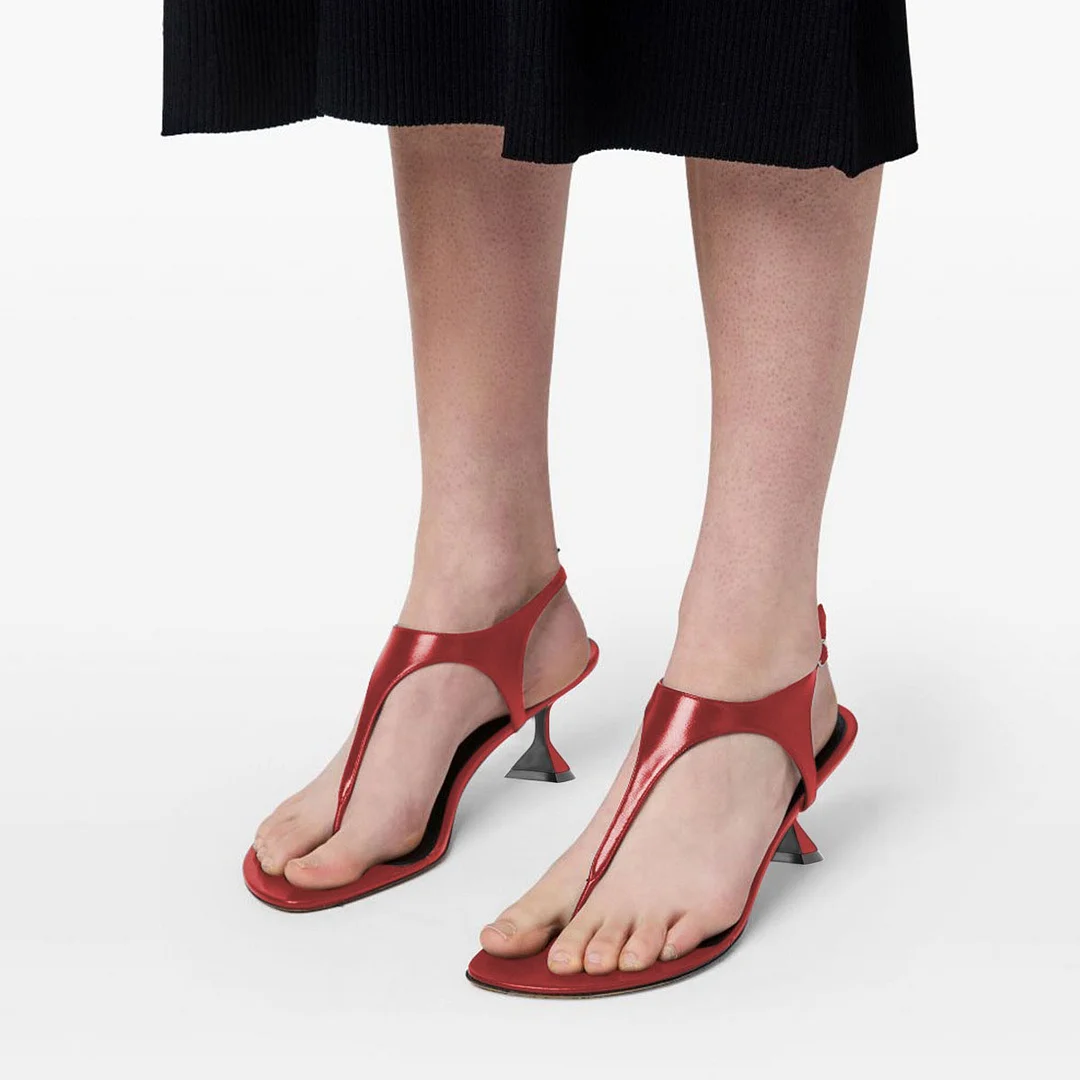 Red Open Toe T-Strap Flip-Flop Style Flared Heeled Sandals
