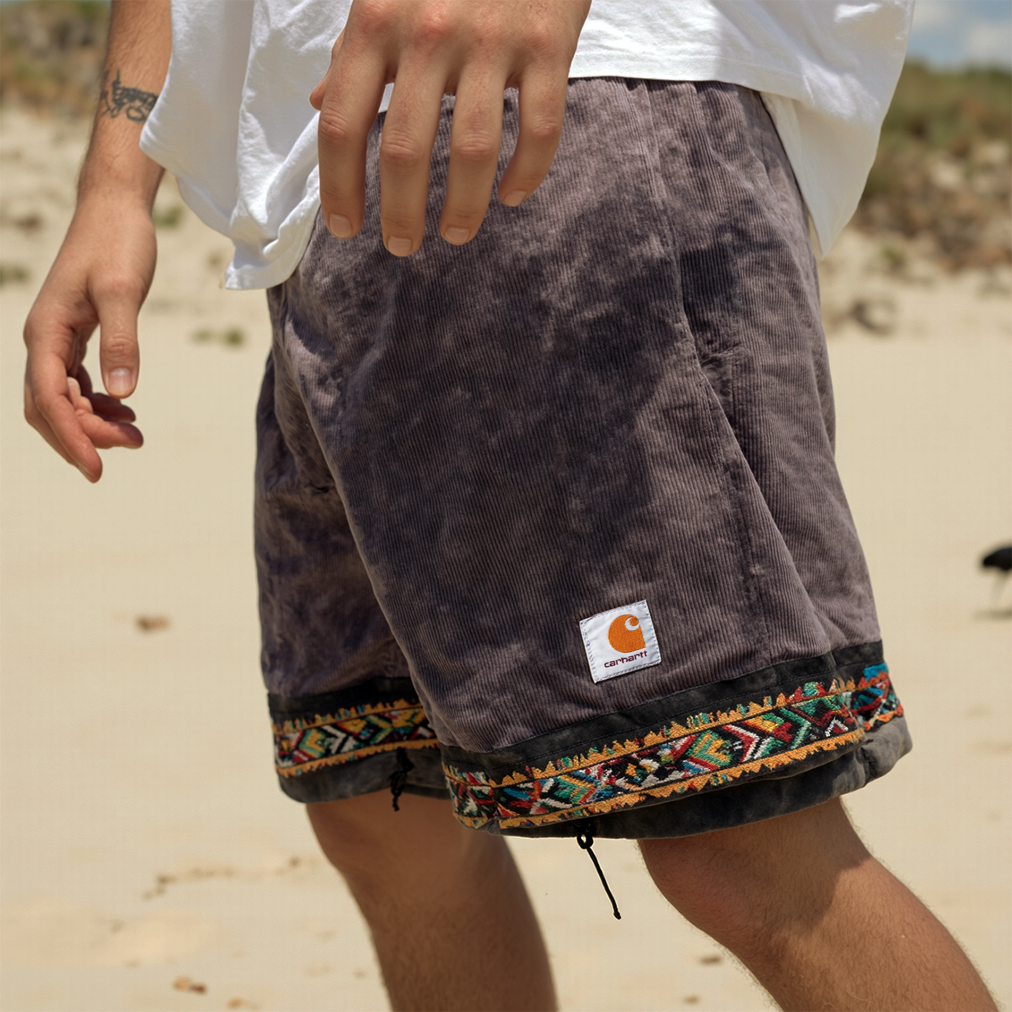 Men's Vintage Corduroy Stitching Ethnic Aztec Elastic Drawstring Surf Shorts
