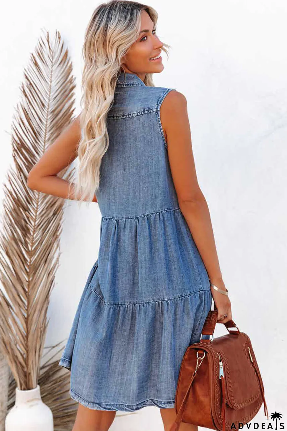 Sky Blue Flap Pockets Button up Sleeveless Denim Dress