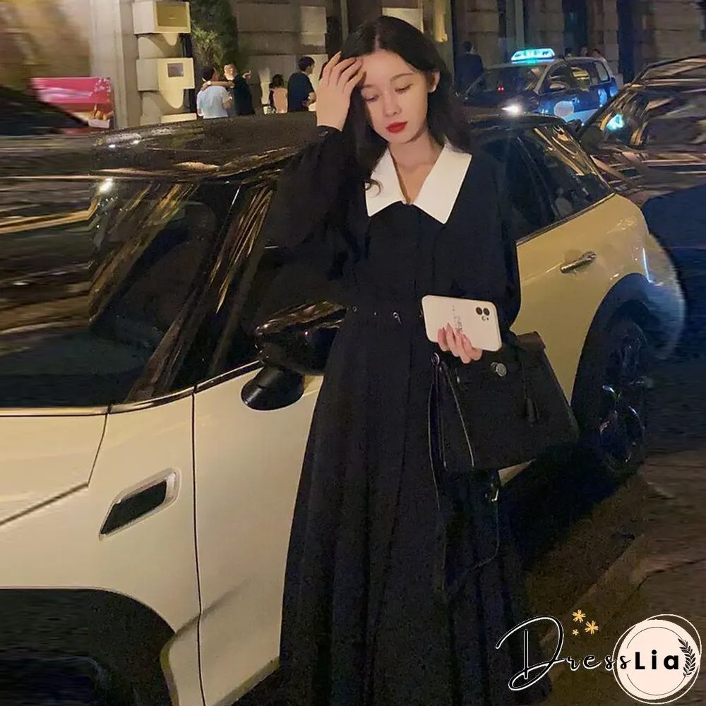 Spring Autumn Elegant Black Dress Women Loose Casual Midi Korean Fashion Lady Trench
