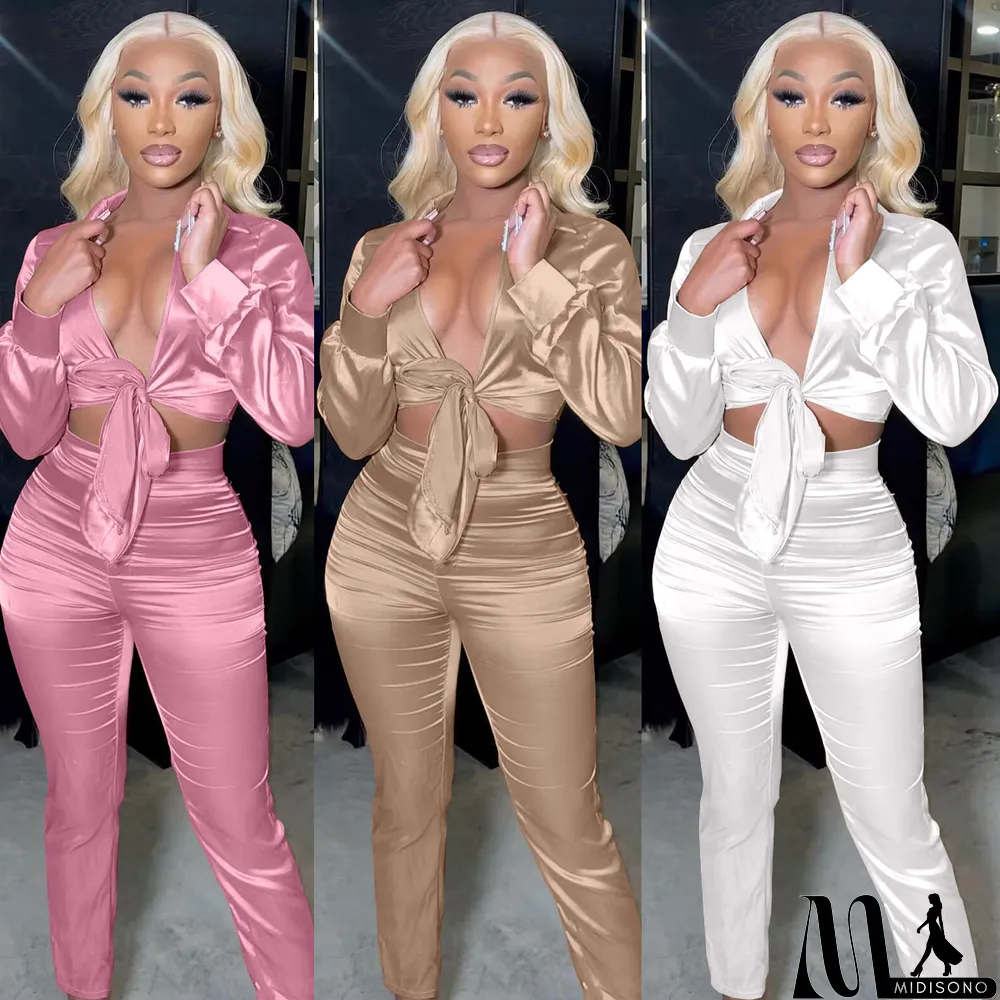 MidiSono - Sexy V-neck Lace-up Slim Two-piece Suit