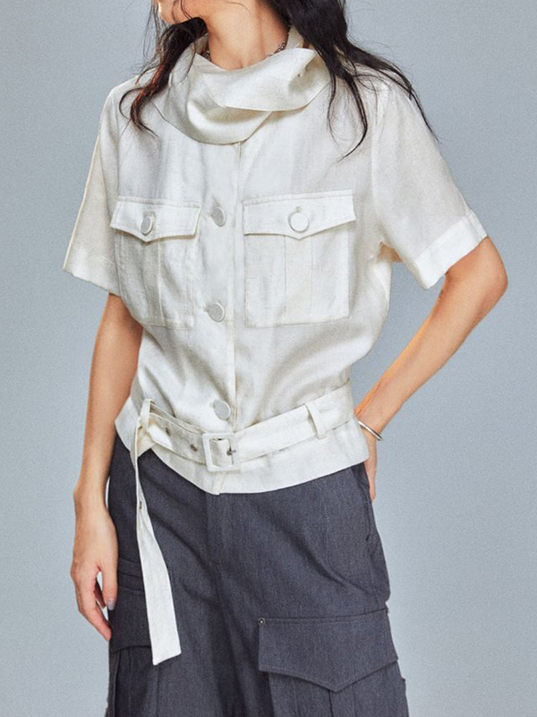 Short Sleeve Single Button Belt Linen Shirt