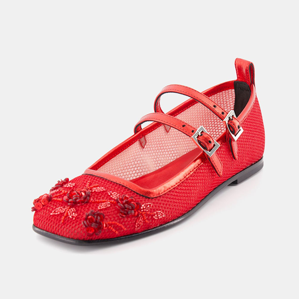 Red Mesh Floral Beads & Sequins Embellished Closed Toe Mary Jane Flats Nicepairs