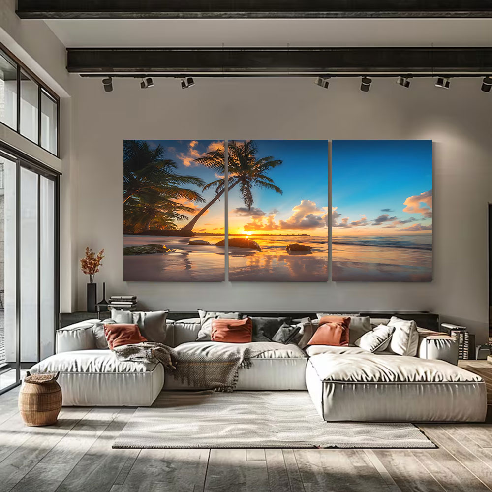 3-Piece Set Palm Beach Sunset Reflection Canvas Art