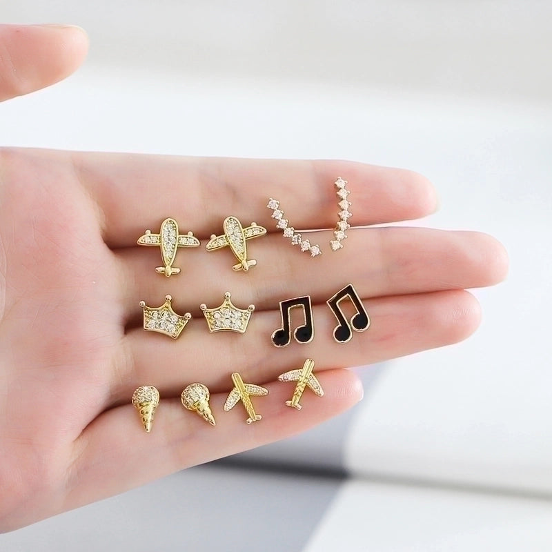 1 Pair Cute Sweet Ice Cream Notes Airplane Plating Inlay Copper Zircon 18k Gold Plated Ear Studs
