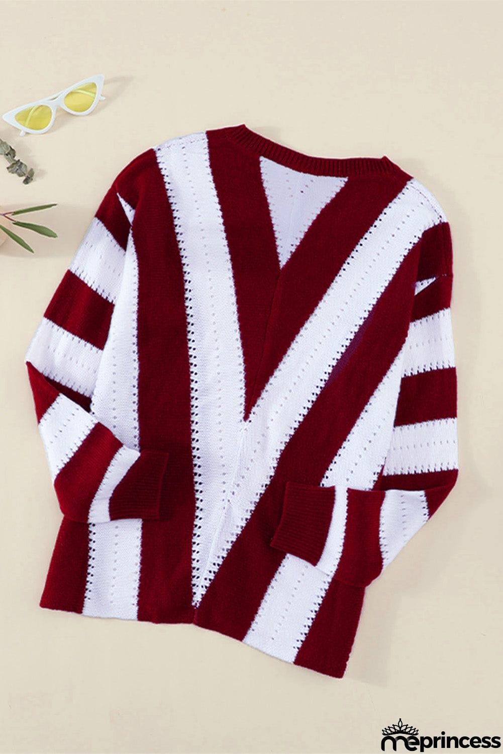 Casual Red Striped Colorblock V Neck Knitted Sweater