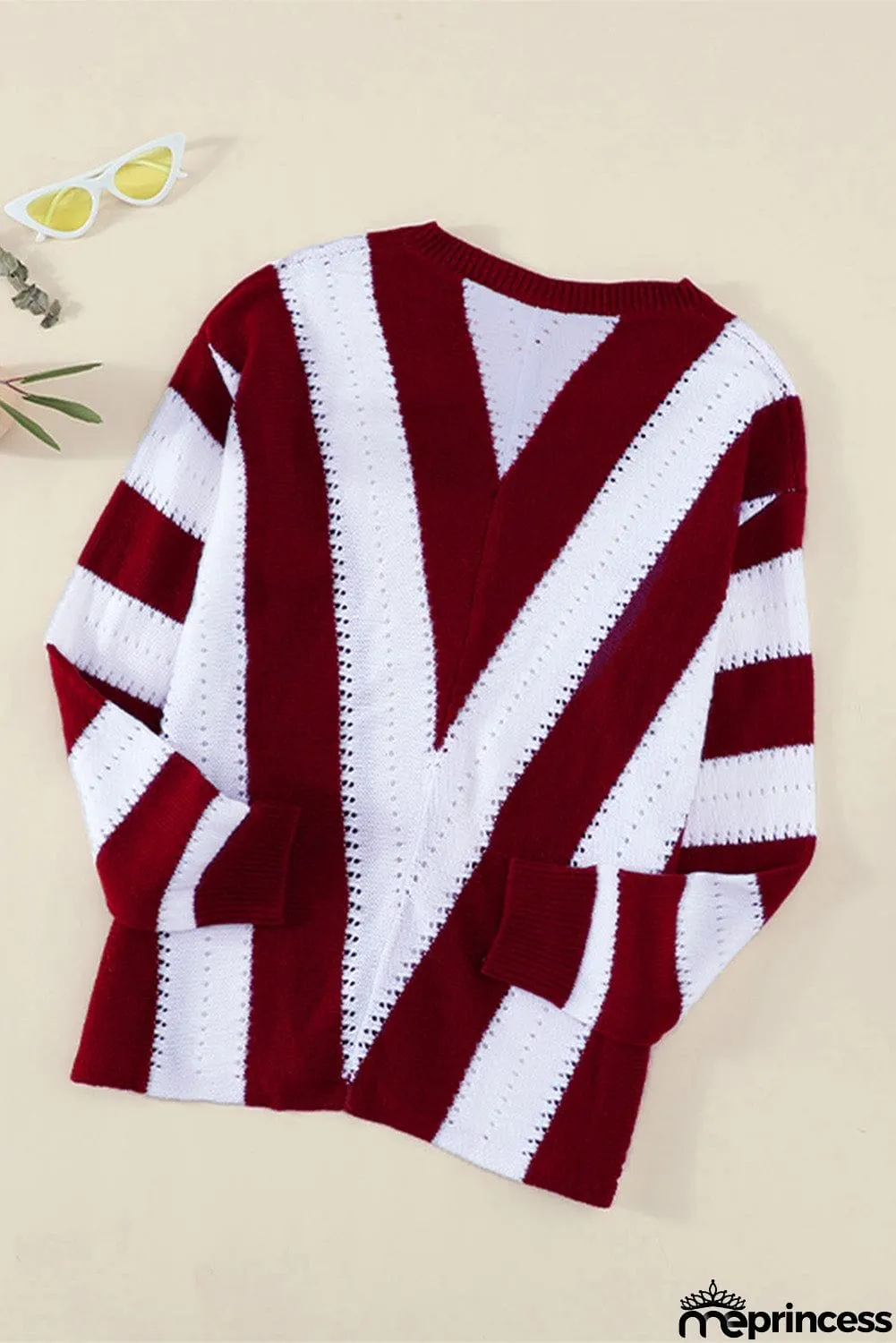 Casual Red Striped Colorblock V Neck Knitted Sweater