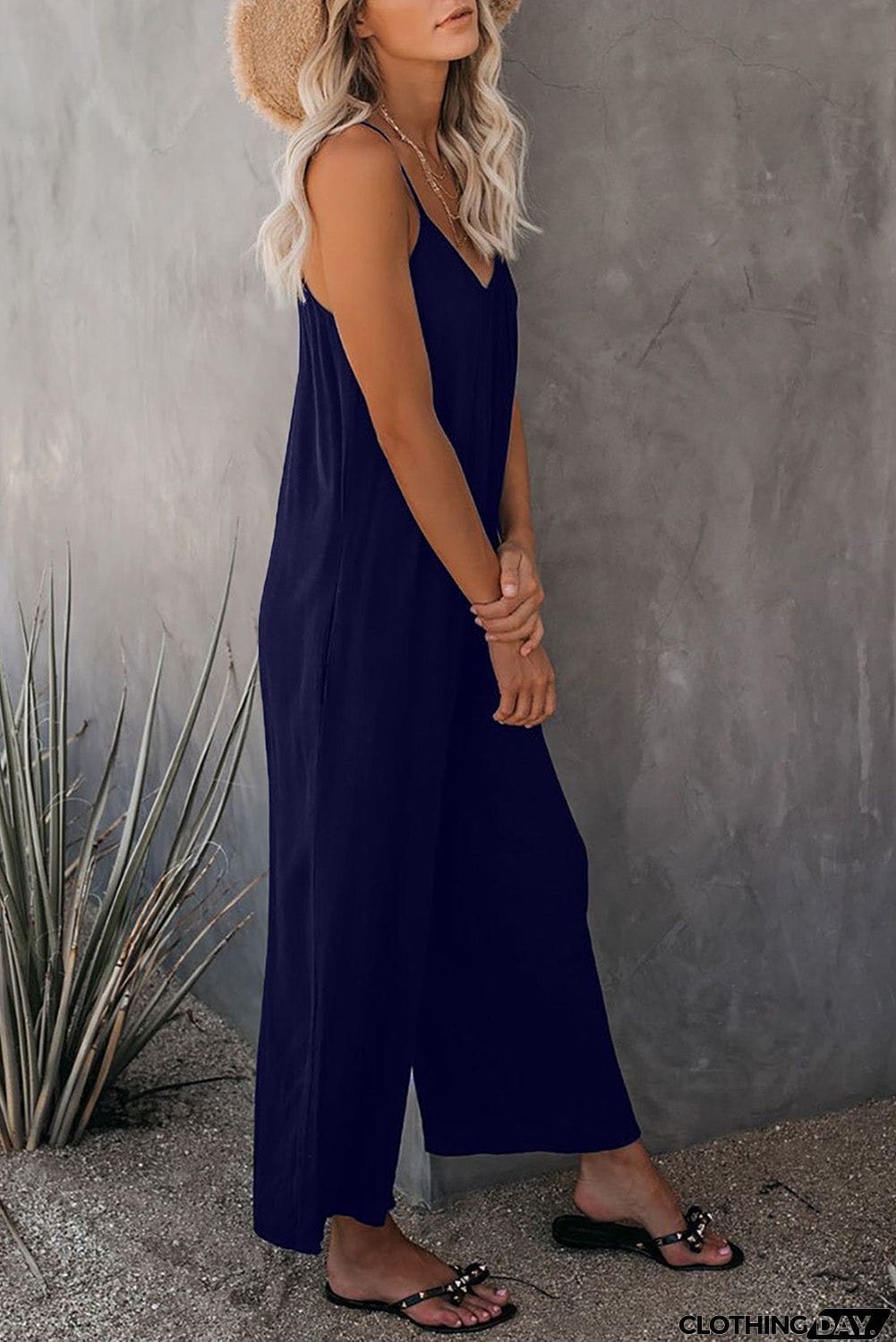 Spaghetti Straps Wide Leg Pocketed Jumpsuits