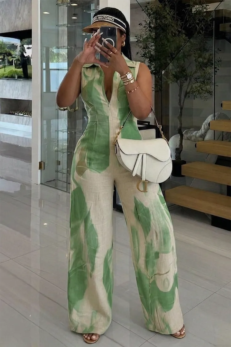 Sleeveless Abstract Print Wide Leg Linen Casual Jumpsuit-Orange