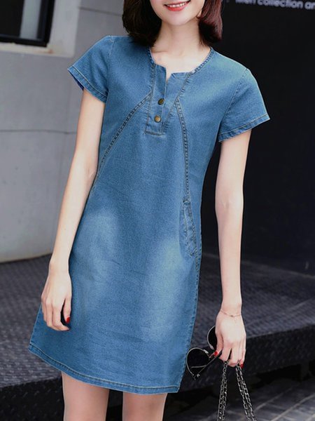 Crew Neck Women  Dress A-line Daily Short Sleeve Casual Buttoned Dress Zaesvini