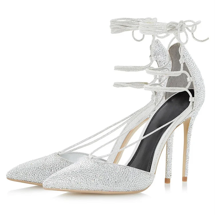 Silver Bridal Heels Rhinestone Hotfix Strappy Closed Toe Sandals |FSJ Shoes