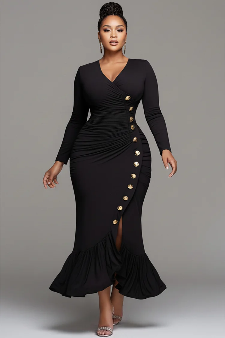 Xpluswear Design Plus Size Business Casual Black V Neck Long Sleeve Mermaid Elegant Button Midi Dresses 2024 - Xpluswear