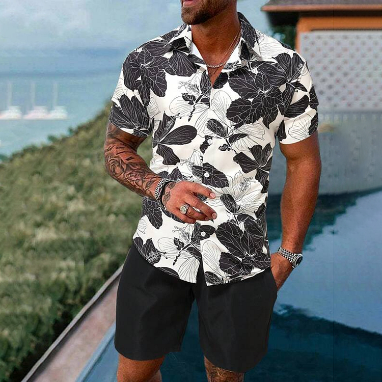 BrosWear Men Vacation Black And White Flowers Shirt And Shorts Co-Ord