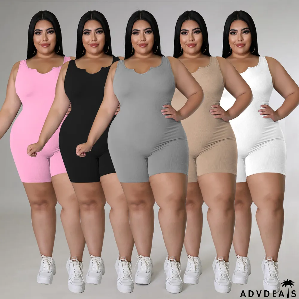 Solid Color Plus Size Rib Pit Strips Jumpsuit