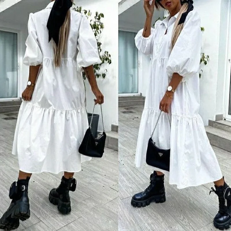 Spring Summer 2021 Casual Trun-down Collar Half Sleeves Fashion Dress Loose Solid Color Elegant Buttons Office Lady Shirt Dress
