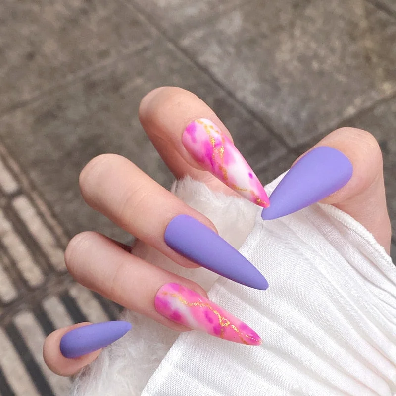 24Pcs Extra Long Coffin Nails Pure Purple Elegant Shiny Ballet Fluorescent and Yellow Leopard print Fake Nail with glue for girl-Nail Inspo