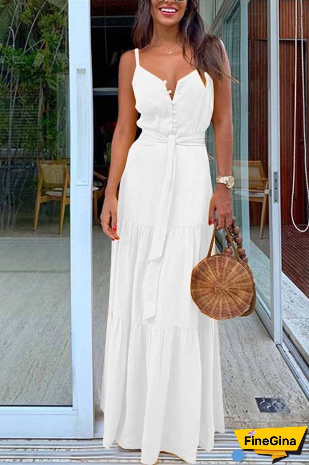 Button V-Neck Maxi Dress With Belt
