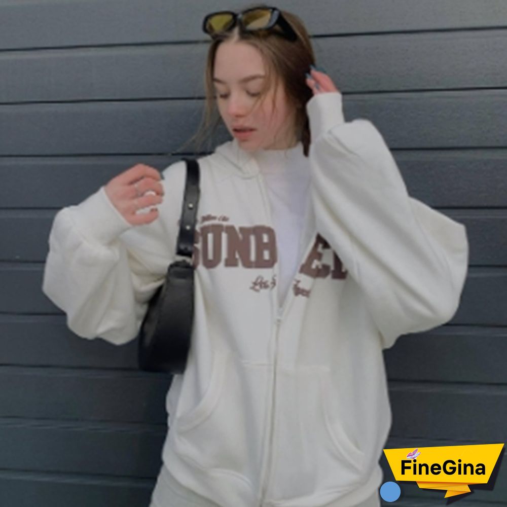 Y2k Coat Womens Sweatshirt Aesthetic Grunge Long Sleeve Hooded Tops Letter Print Hoodies White Jackets Streetwear