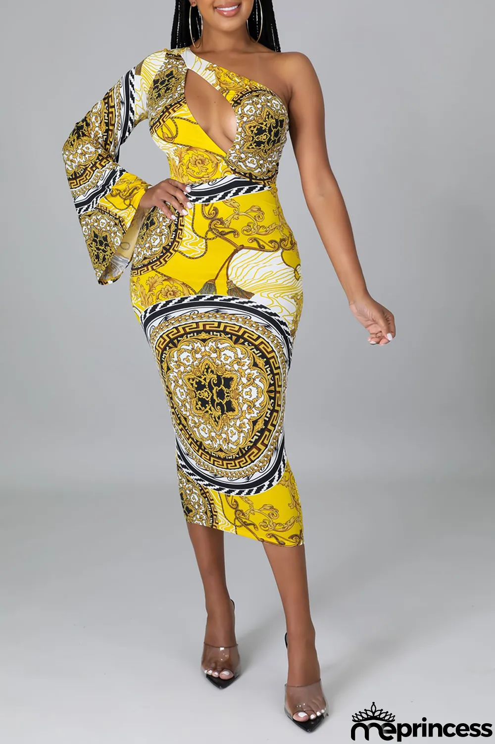 Green Sexy Print Hollowed Out One Shoulder Pencil Skirt Dresses