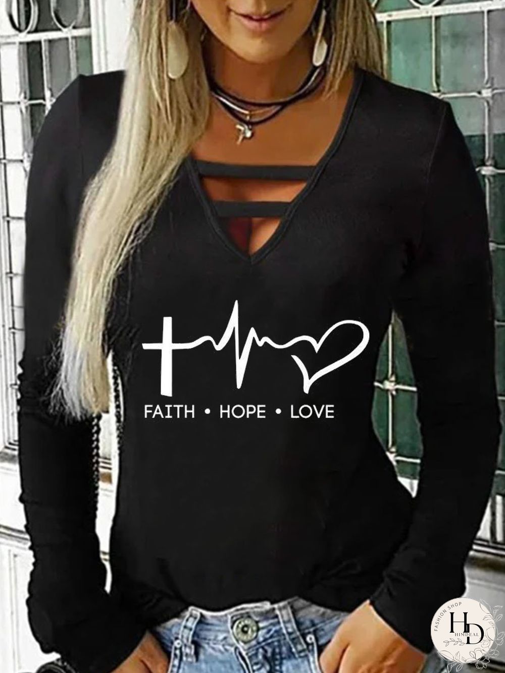 Casual V neck Letter Long Sleeve Shirts & Tops