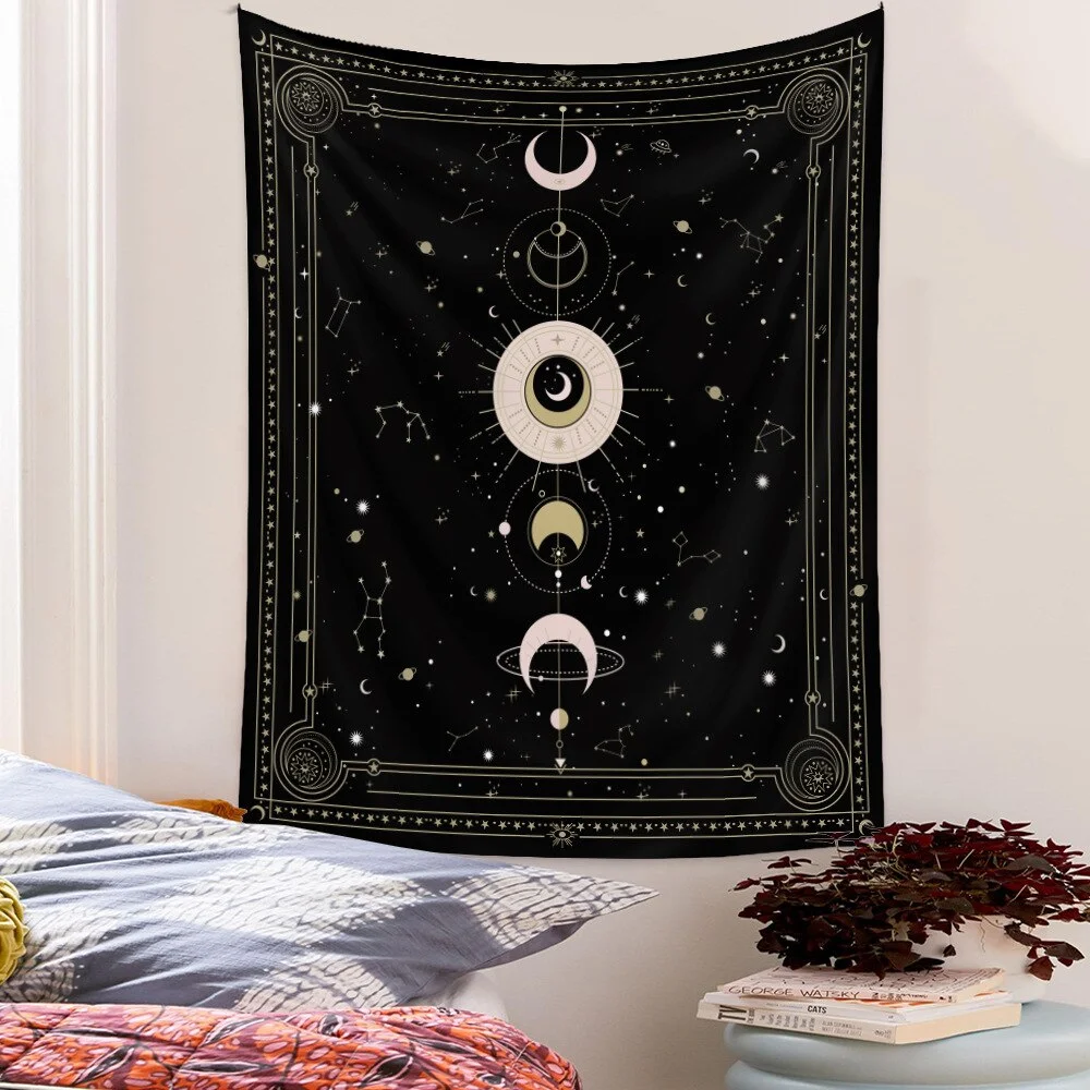 Psychedelic Moon Phase Tapestry Black and White Wall Hanging Moon Floral Throw Blanket Home Decor Wall Hanging Bohemian Wall