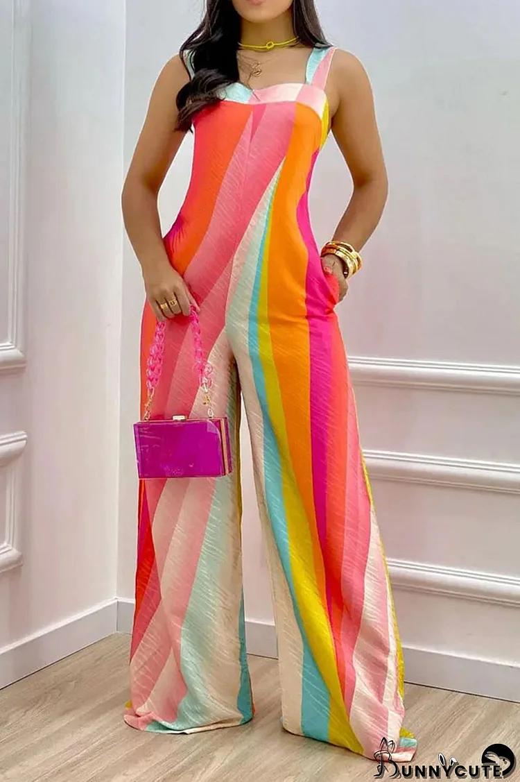 Orange Casual Print Patchwork Spaghetti Strap Straight Jumpsuits