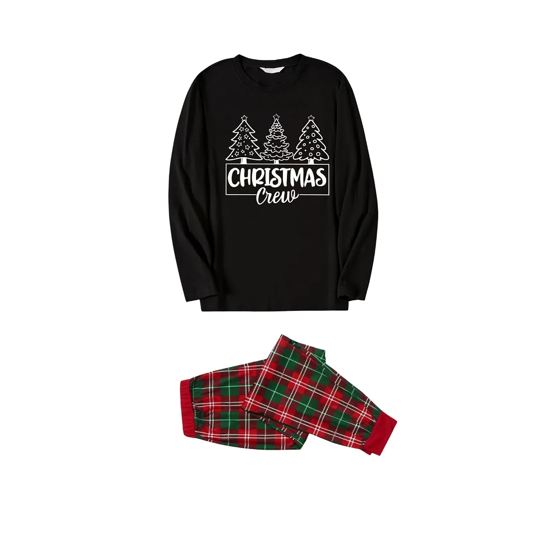 Chirstmas Crew Text And Tree Pattern Black Top Red and Green Plaid Family Matching Pajamas