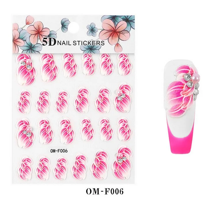 Nail Stickers Embossed 5D Flowers With Pearls Rhinestones Back Glue Nail Decals Decoration Tips For Beauty Salons-Nail Inspo