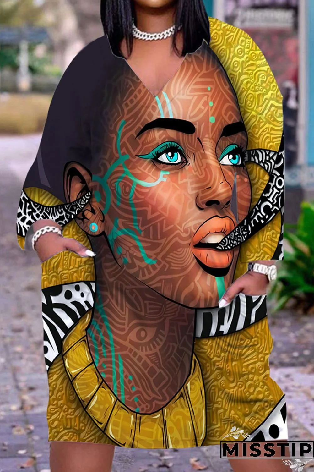 Black Casual Street Print Patchwork V Neck Straight Dresses