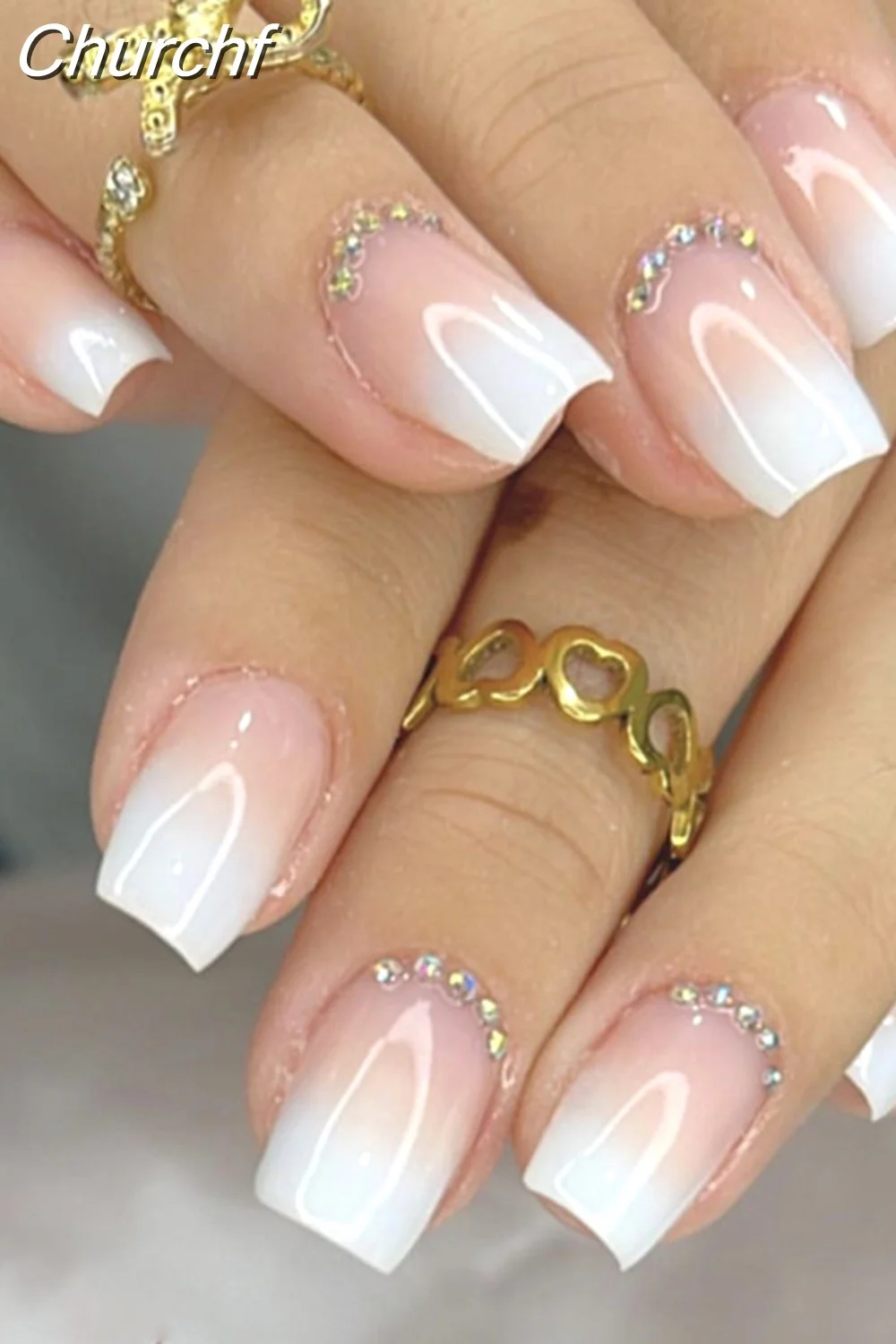 Churchf French White Side False Nails Wearable Rhinestone Desgin Fake Nails Short Simple Nail Full Cover Nail Tips Press On Nails-Nail Inspo