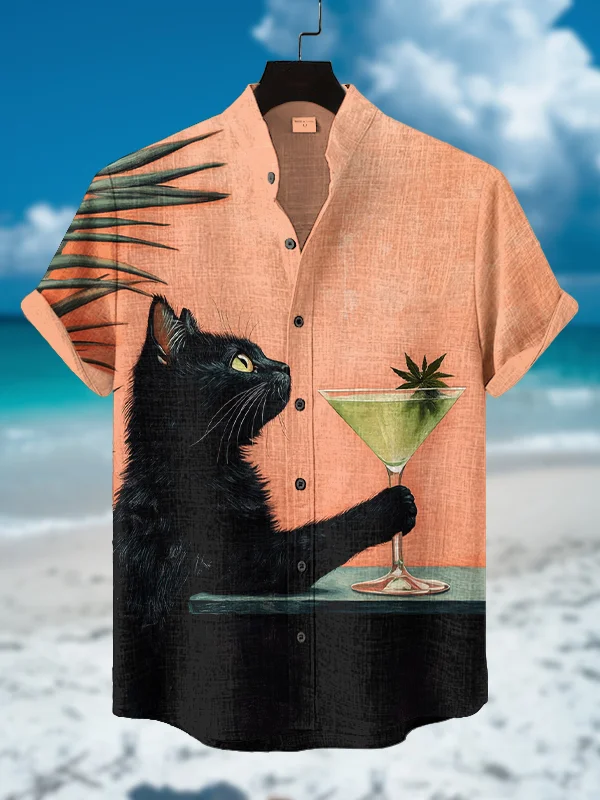 Men's Black Cat Drinking Martini Print Short Sleeve Shirt