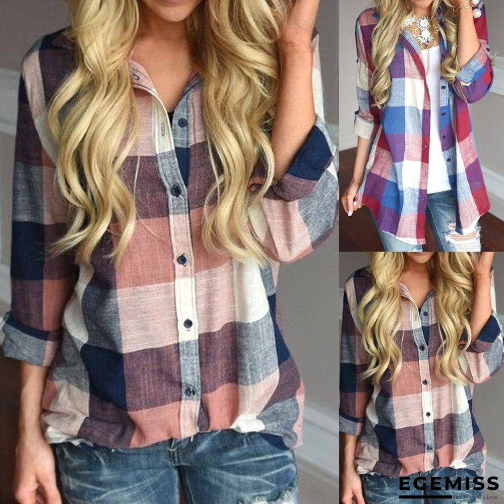 Fashion women Casual Matching Color Long Sleeve Button Loose Plaid Shirt Top Blouse | EGEMISS