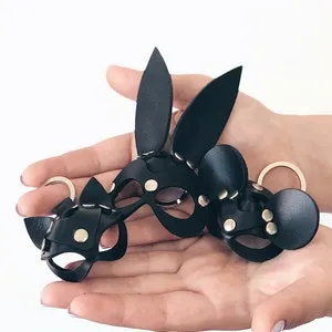 pornhint Pornhint Leather Key Chain, Leather Mini Mask, Cat Mask, Mickey Mask, Leather Key Fob, Leather Key Holder, Leather Accessories, Bunny Mask, Key Ring