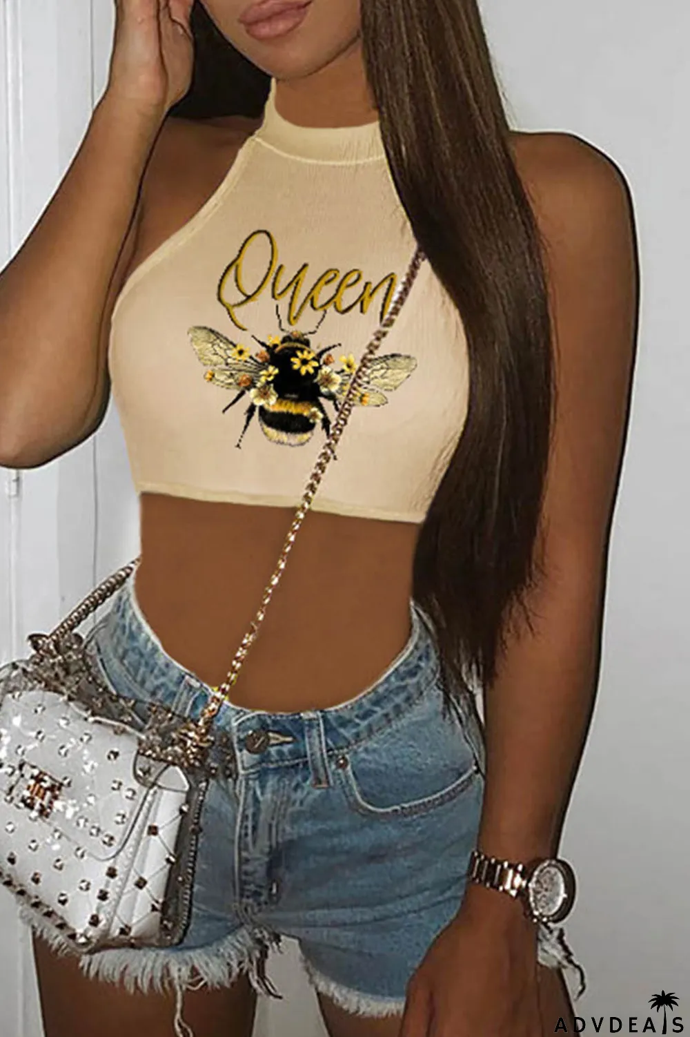 Khaki Casual Print Basic O Neck Tops