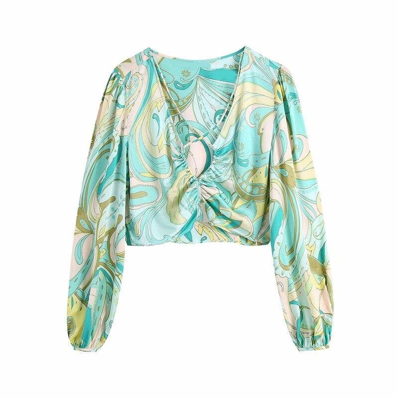 PUWD Sweet Women V Neck Lantern Sleeve Blouse 2021 Spring-autumn Fashion Ladies High Street Shirt Female Printed Shirt Top