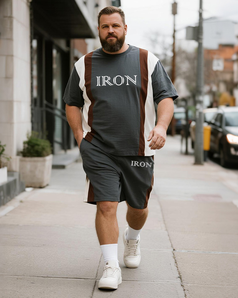 Big & Tall Men's Dark Gray IRON Alphabet Print Round Neck Short Sleeve T-Shirt Shorts Suit