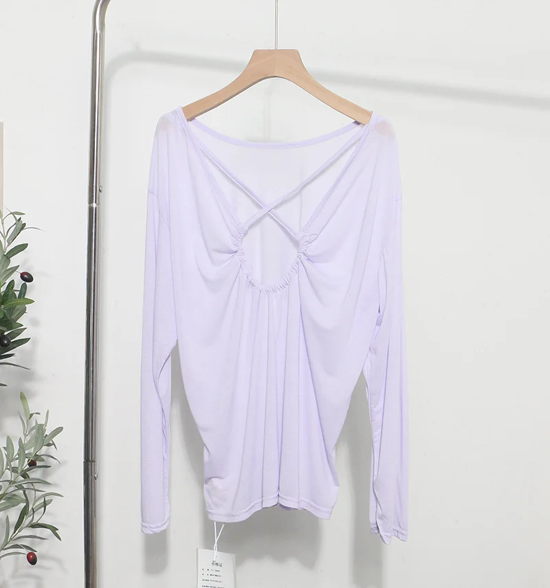 Brownm Real Shot Tiansi Mask Bare Back Long Sleeve Sunscreen Back Cross-Section Thin T-Shirt Shirt Top Woman 85830