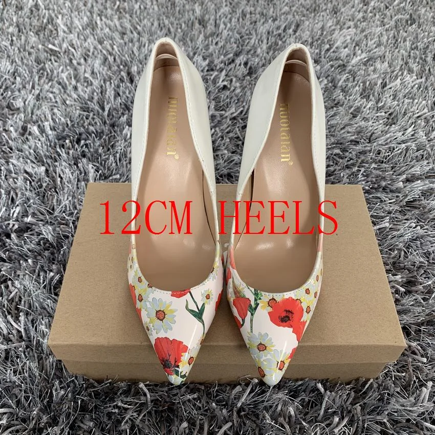 Fashion Women Shoes Stiletto 12cm/10cm/8cm High Heels Women Pumps Floral Print Patent Leather Ladies Party Wedding Woman Shoes
