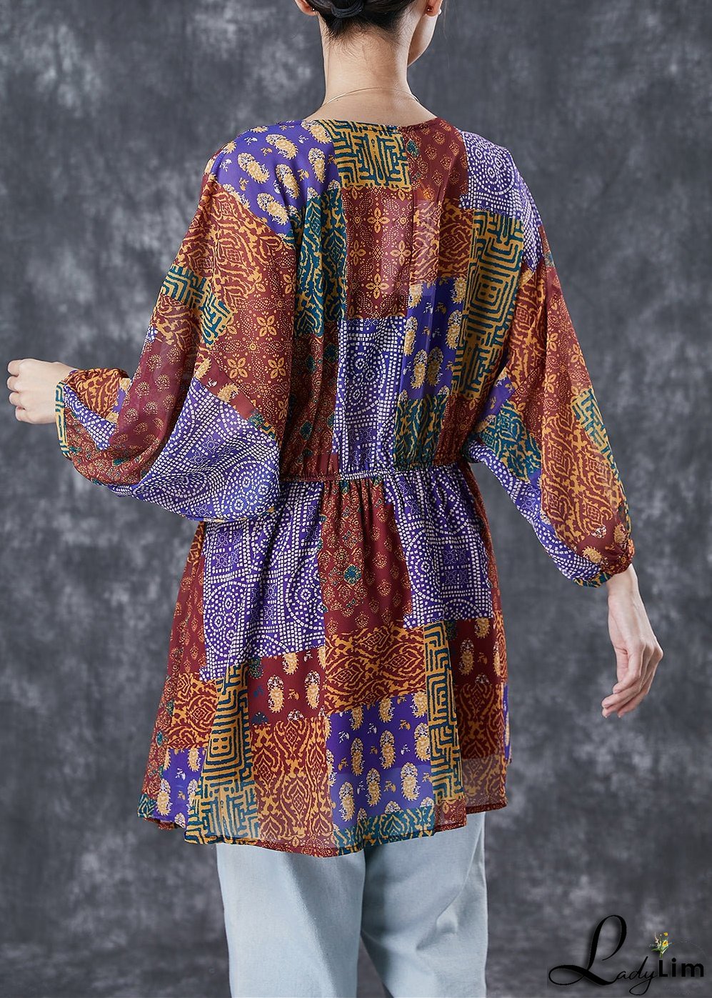 Boho Red Oversized Print Silk Holiday Dress Fall