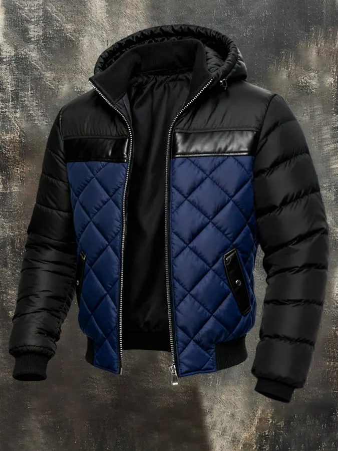 Herren Retro Warm Color Block Kapuzen-Rei&szlig;verschluss Outdoor-Jacke Mantel 