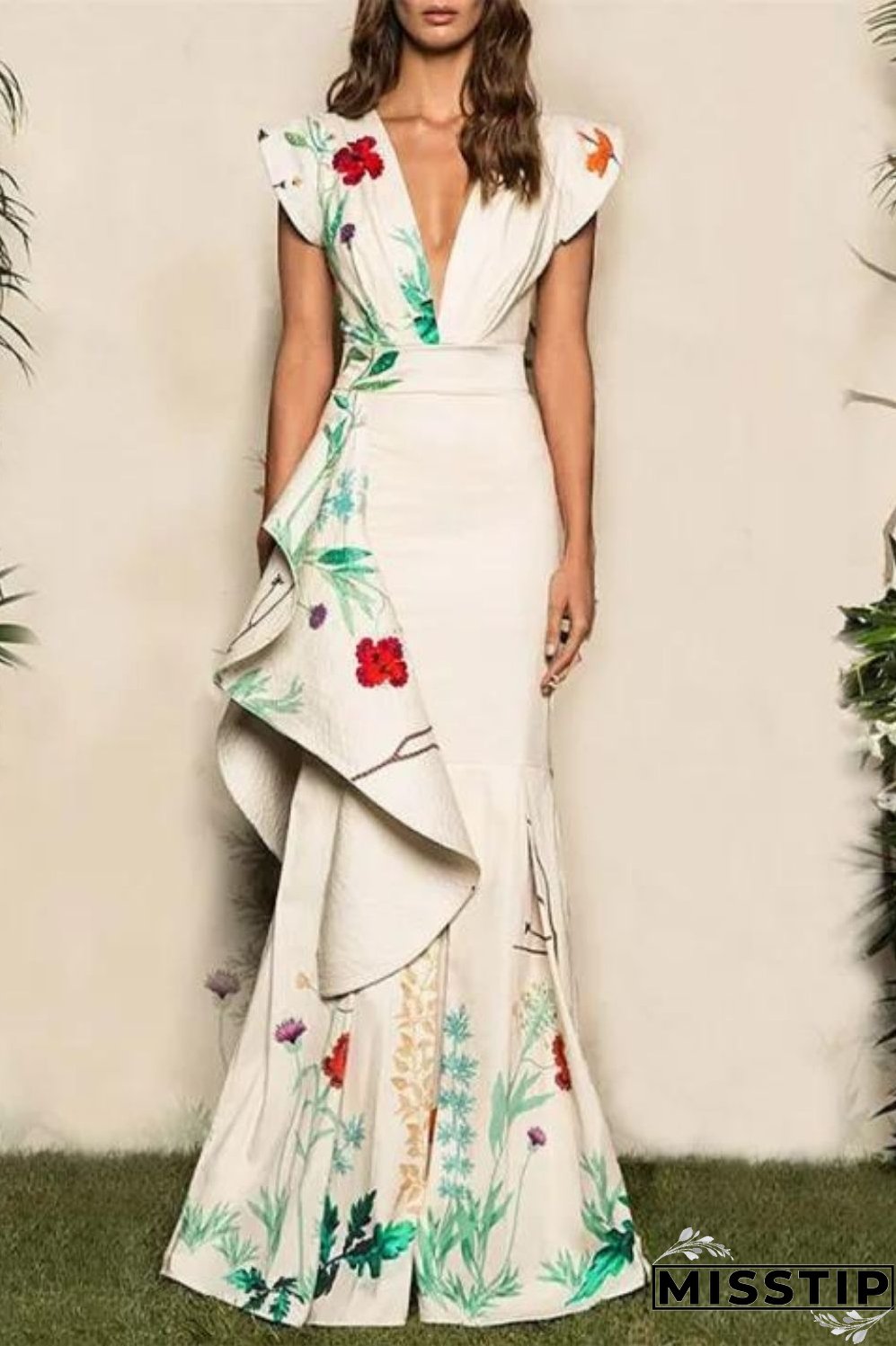 Fashion Sexy Deep V Neck Mermaid Retro Temperament Slim Drape Maxi Dress